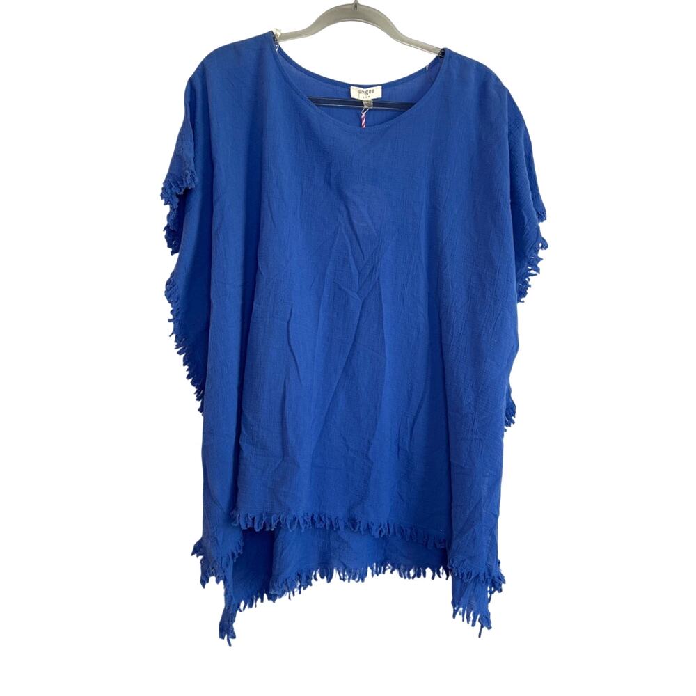 Umgee 100% Cotton Blue Fringe Poncho Size Small Coastal Beach Resort Boho NWT